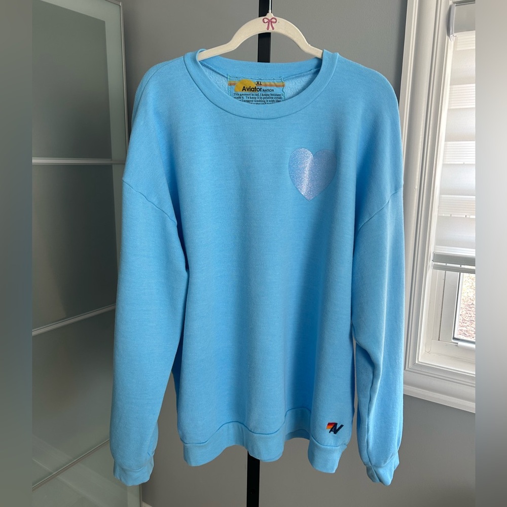 Aviator Nation Glitter Heart Crew Sweatshirt Baby Blue - Picture 2 of 3